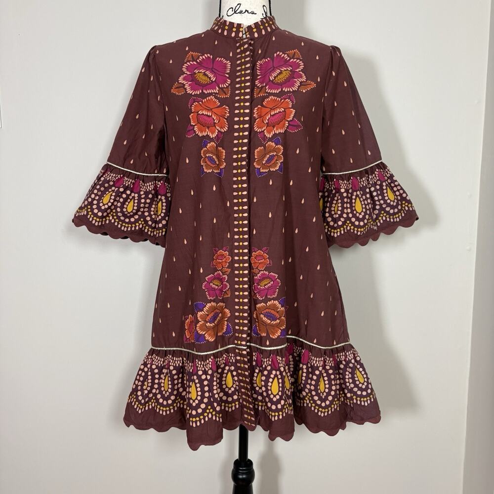 FARM RIO Bright Flora Mini Dress Brown Floral Embroidered Scalloped Cotton S